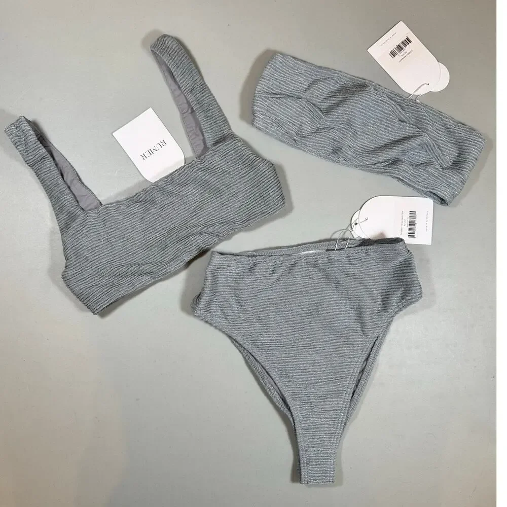 NWT RUMER The Label 3 Piece Bikini Set Gray Ribbed Fabric Size Small